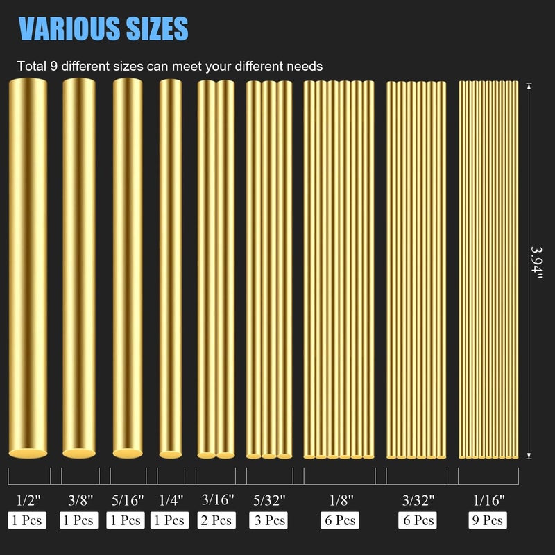 DYWISHKEY 1/2" 3/8" 5/16" 1/4" 3/16" 5/32" 1/8" 3/32" 1/16" Brass Rods Assortment Kit for DIY Craft Making, Handle Pin (30 Pieces) - Image 3